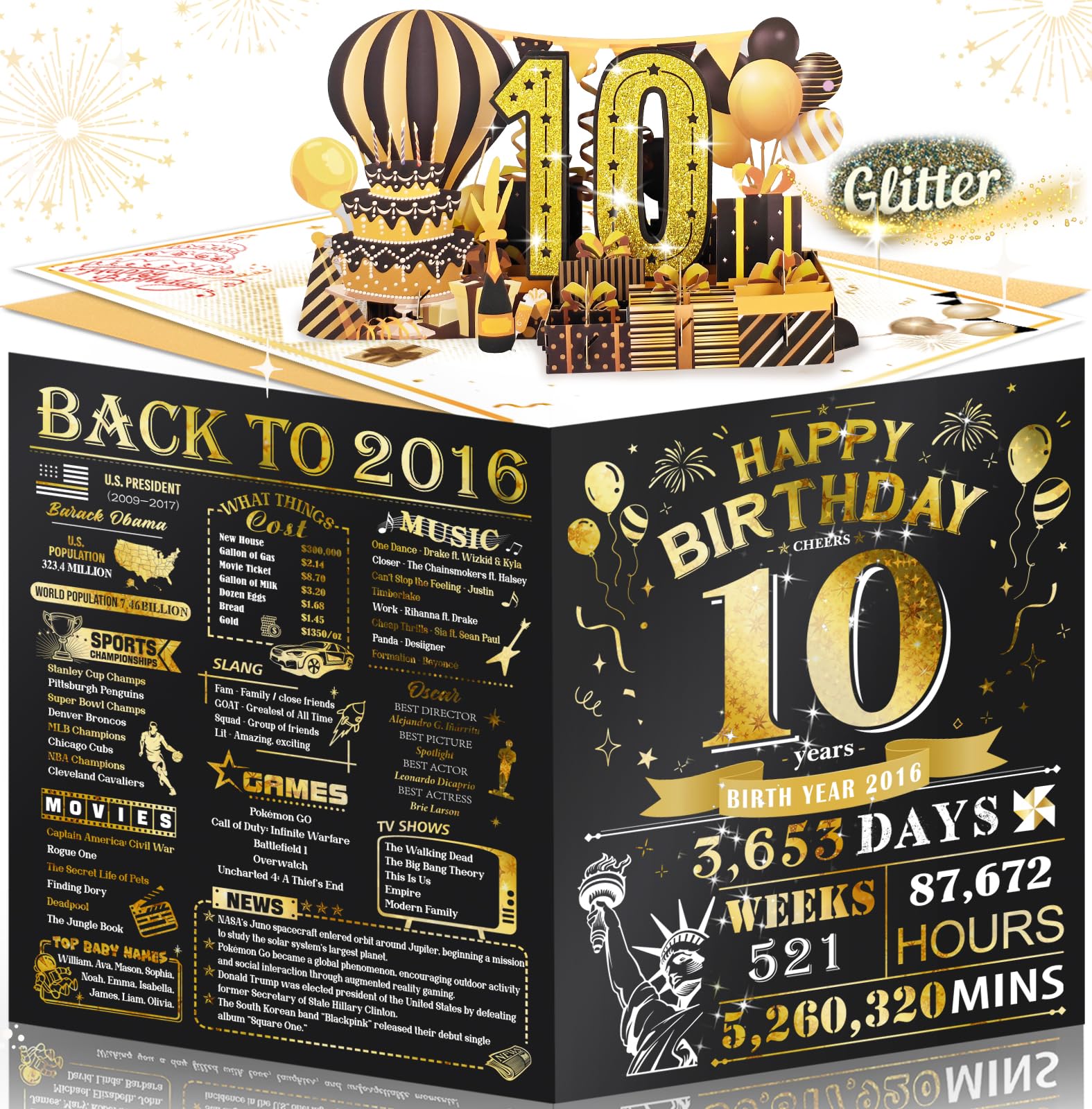 Photo 1 of 10th Birthday Card for Boy Girl, 3D Pop Up & Large 10th Birthday Gifts for Son Daughter, Back to 2016 Happy 10 Year Old Birthday Decorations for Granddaughter, Grandson, Niece, Nephew, Black Gold