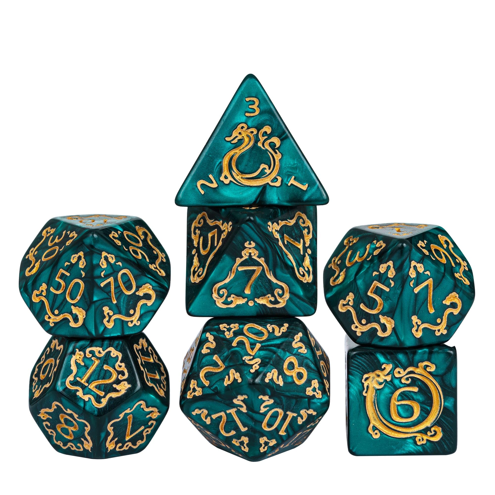cusdie 7Pcs/Set Dragon Pattern DND Dice Set D&D Polyhedral Dice for Dungeons and Dragons Role Playing Dice Games RPGs(Dragon Pattern-Green) — image 1