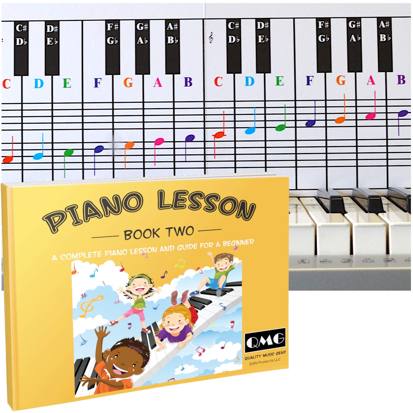 QMG Piano Lessons Book 2 and Color Coded Note Chart: Kids' Piano Music Lesson and Guide