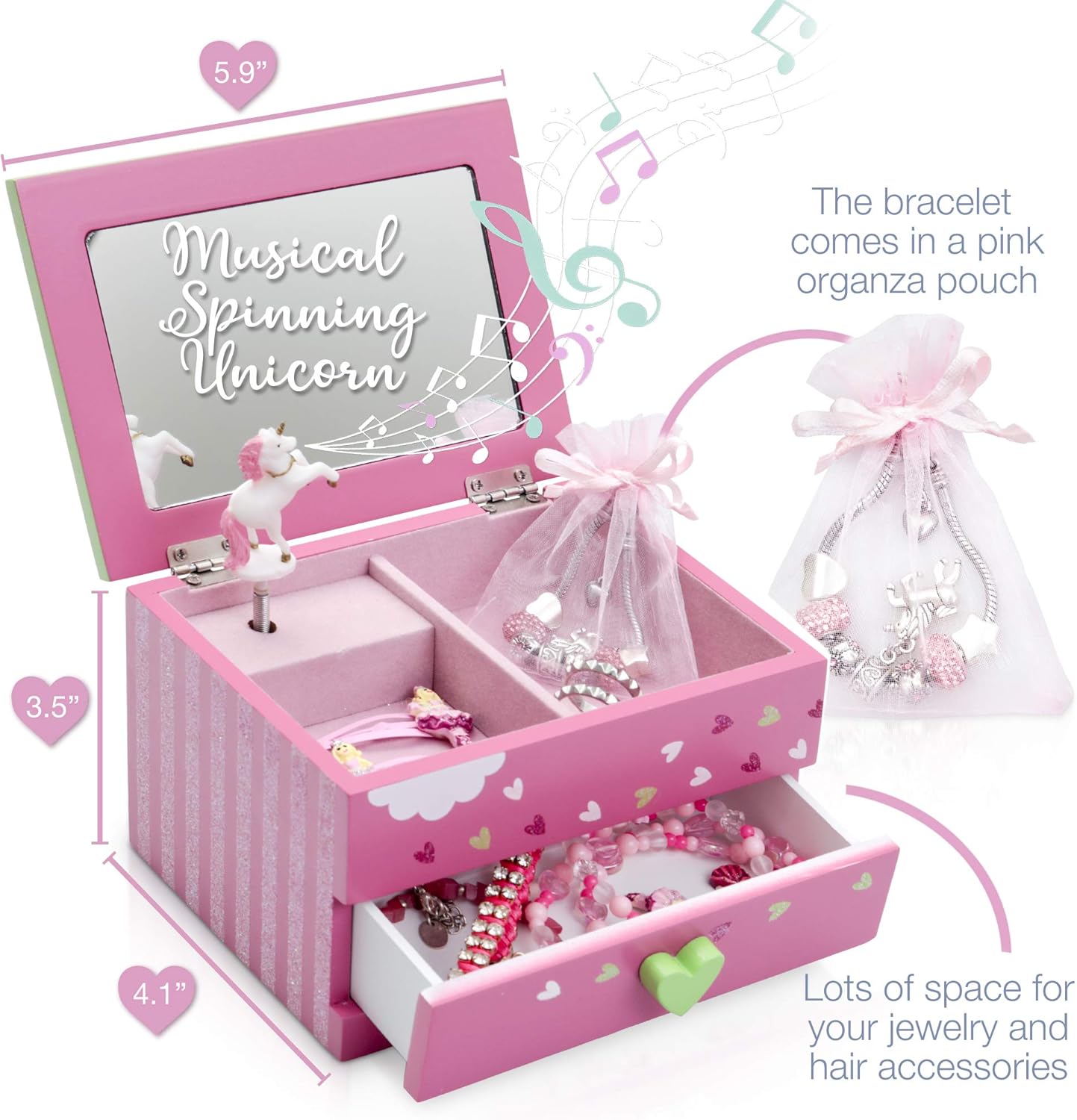 Unicorn Jewelry Box For Girls - Two Unicorn Gifts for Girls including Pink and Green Unicorn Music Box and Unicorn Charm Bracelet: Home Improvement
