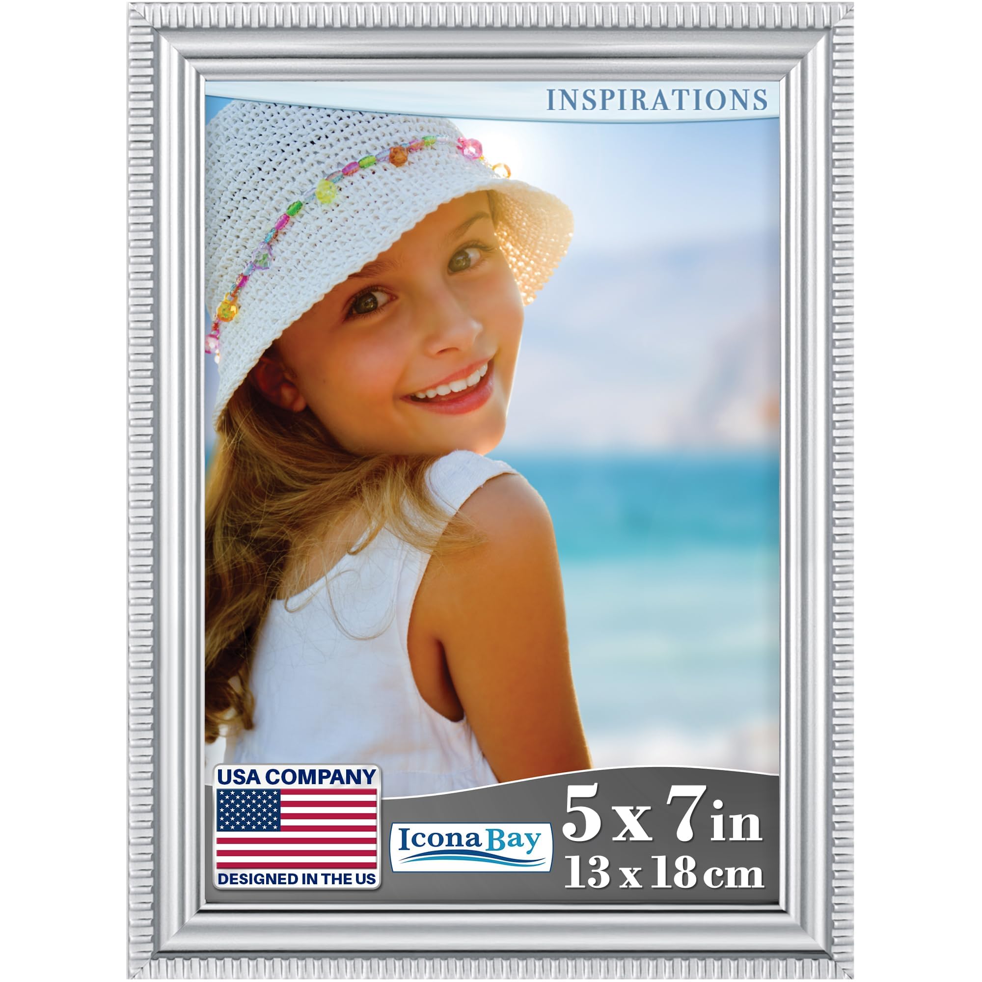 Icona Bay 7x5 Silver Picture Frame Beautifully Detailed Moulding, Contemporary Picture Frame, Wall Mount or Table Top, Inspirations Collection