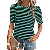 Dokotoo Women's Casual Short Puff Sleeve Crew Neck Striped T Shirts Summer Tops