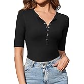 Amoretu Women's Henley Half Sleeve Tops Button Down Fitted Shirts