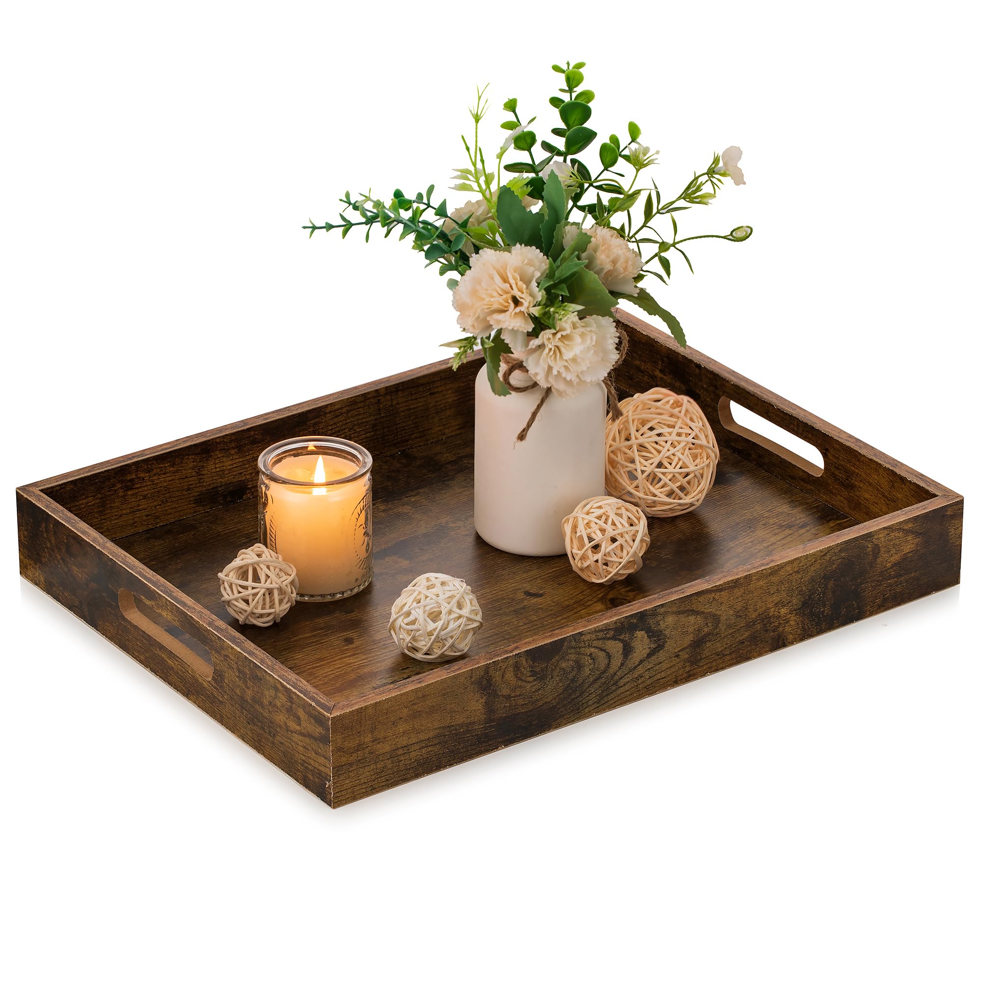 Hanobe Rectangular Decorative Wooden Tray: Rustic Brown Rectangle Trays Decor with Cutout Handles for Coffee Table Ottoman Living Room Kitchen Home Decor, Large