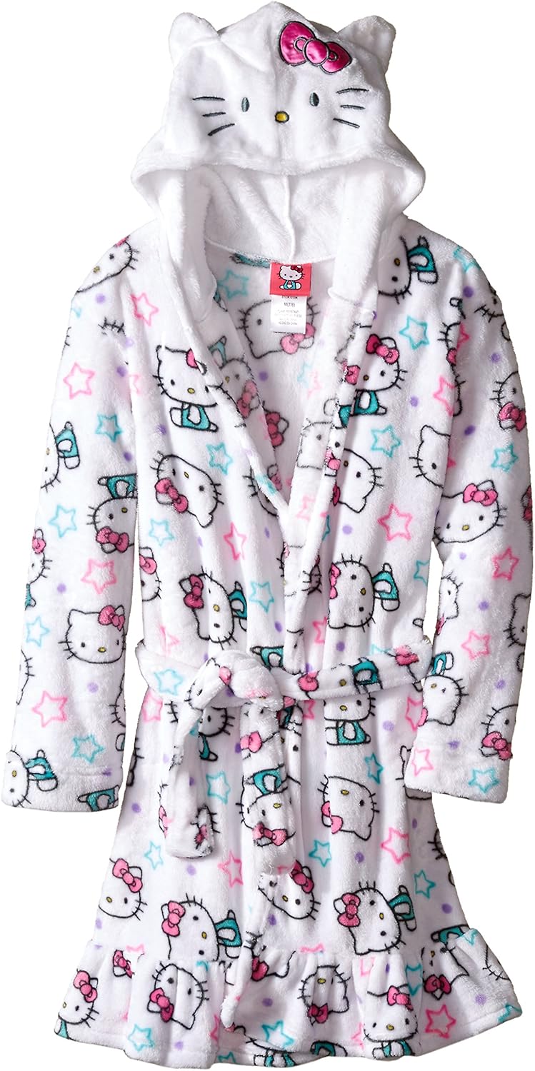 Hello Kitty Toddler Girls' Hooded Fleece Robe, White, 2T