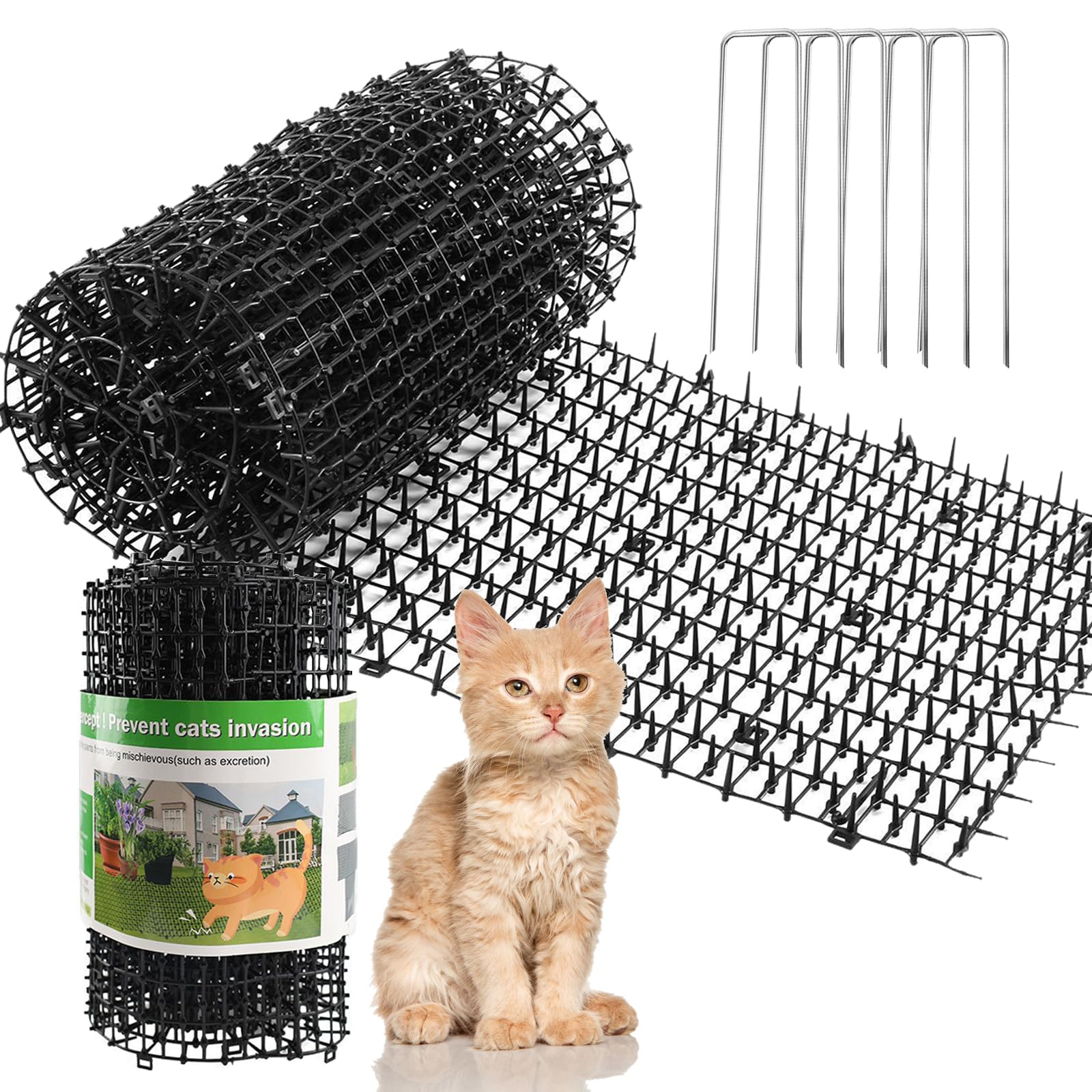 EVADOW 200cm*30cm Cat Scat Mats with Spikes, Plastic Anti Cat Repellent Mats with 6pcs U Shape Garden Staples for Indoor Sofa and Balcony, Black Anti Cat Spikes for Outdoor Garden and Fence