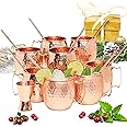 Kitchen Science [Gift Set] Moscow Mule Copper Mugs Set of 8 (16oz) w/ Straws & Jigger | 100% Pure Copper Cups, Tarnish-Resist