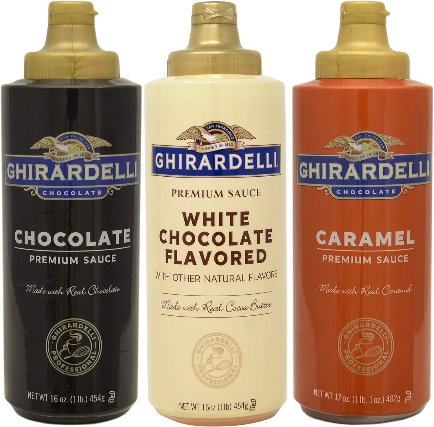 Ghirardelli Squeeze Bottles Caramel, Chocolate & White Chocolate