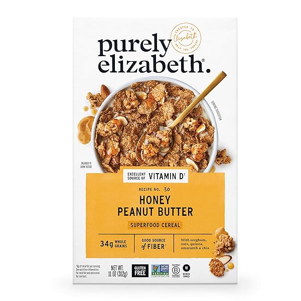 PURELY ELIZABETH, HONEY PEANUT BUTTER, SUPERFOOD CEREAL WITH VITAMIN D (1 BOX, 11OZ), 6G FIBER