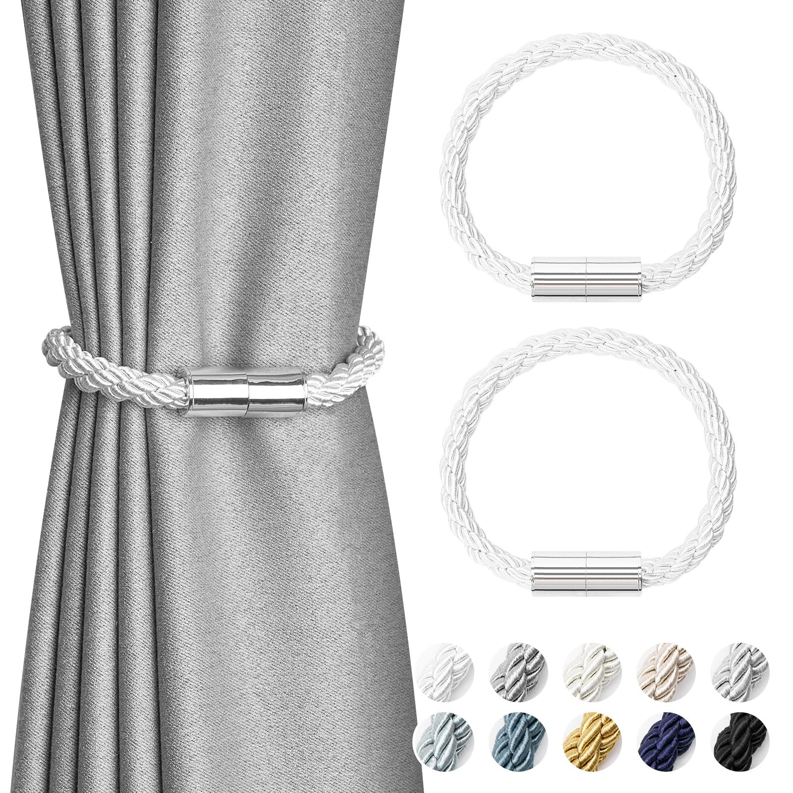 Pretty Jolly 2 Pack Mini Magnetic Curtain Tiebacks Modern Simple Style Drape Tie Backs Elegant Decorative Weave Rope Curtain Holdbacks for Home & Office Thin Window Draperies (Silver White)