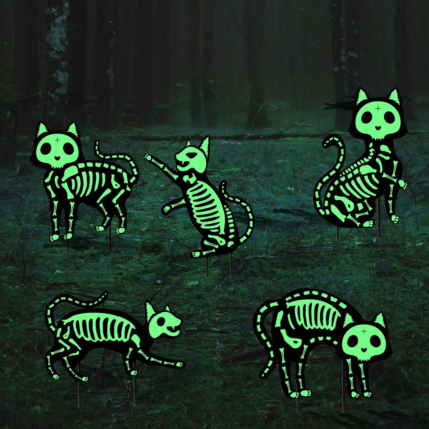 Yard Signs - Outdoor Halloween Decorations Yard Signs - 5pcs Glow in the Dark Skeleton Black Cat Silhouette Lawn Signs with Stakes for Halloween Lawn Garden Front Yard Decorations Outside