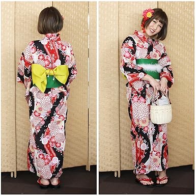 Amazon 女物浴衣黒 白 赤 菊と桜 女浴衣 レディース 浴衣 通販