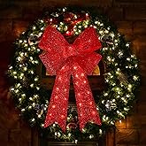 XMASLAND 32inch 72LED Twinkle Red Christmas Bows with LED Lights, Christmas Tree Decoration Wreath Bow Light Topper Light for Indoor Outdoor Christmas Decoration