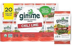 Gimme Seaweed Organic Premium Roasted Seaweed Snacks, Chili Lime, 20 Count, Keto, Vegan, Gluten-Free, Great Source of Omega3s and Iodine, Healthy On-The-Go Snack for Kids and Adults