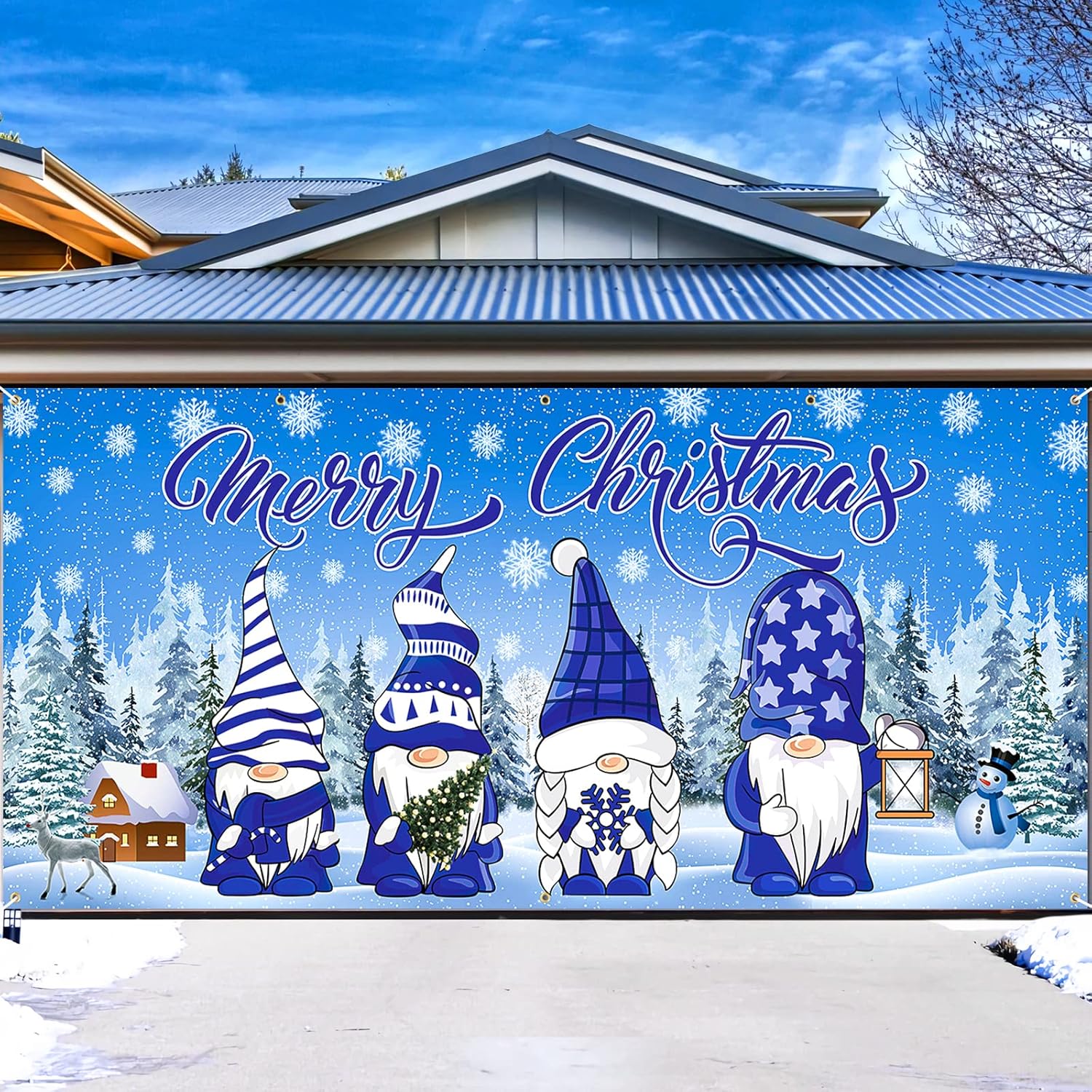 Garage Door Decorations - RUMIA Christmas Gnome Garage Door Banner Decoration Large Blue Gnome Merry Christmas House Banner Garage Door Cover Backdrop for Christmas New Year Winter Outdoor Indoor Background 6 x 13 ft