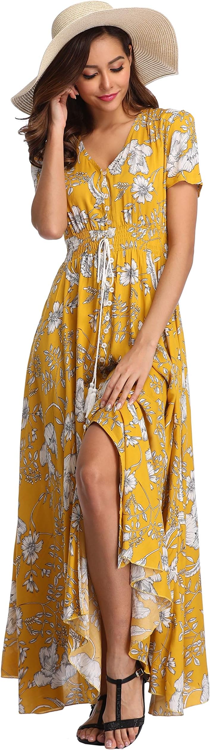 VintageClothingWomen's Floral Print Maxi Dresses Boho Button Up Split Beach Party Dress