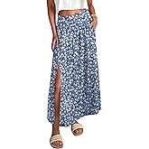 ANRABESS Maxi Skirts for Women Summer Trendy Elastic High Waisted Casual Boho Floral Slit Flowy Skirts with Pockets Fashion