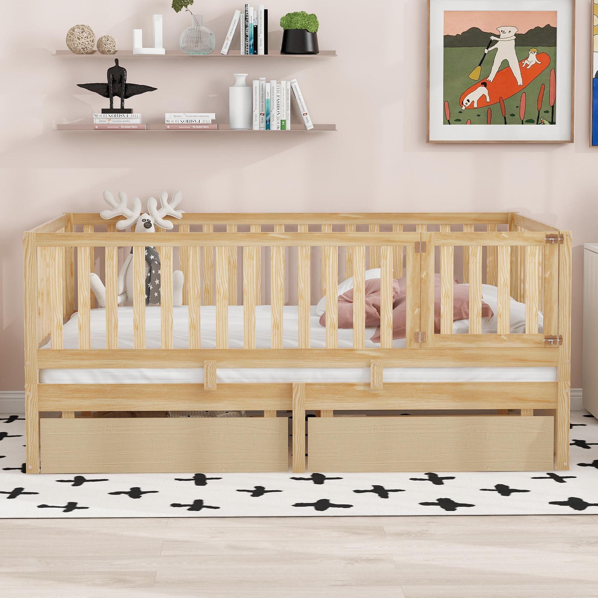 Photo 1 of Merax Full Size Wood Daybed with Safety Fence Guardrails and 2 Spacious Drawers, Convertible Floor Bed Daybed for Kids,Adults,Natural