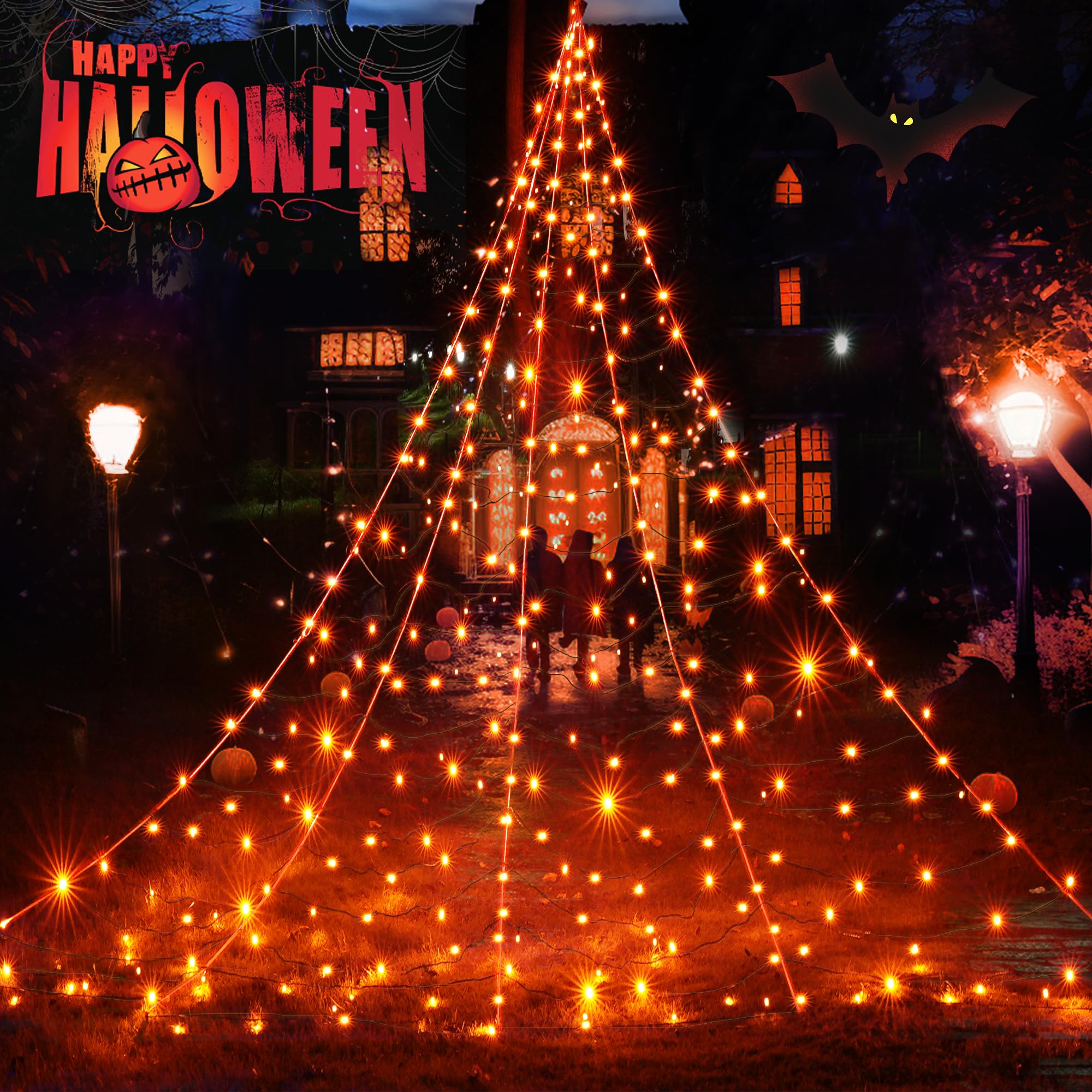 Photo 1 of BlcTec Halloween Decorations Giant Spider Web Lights, 19.7ft x 14.7ft Lighted White Spider Web with 250 LEDs, Sturdy Wire Halloween Web Lights with 8 Modes, Waterproof for Yard, Lawn Decor (Orange)
