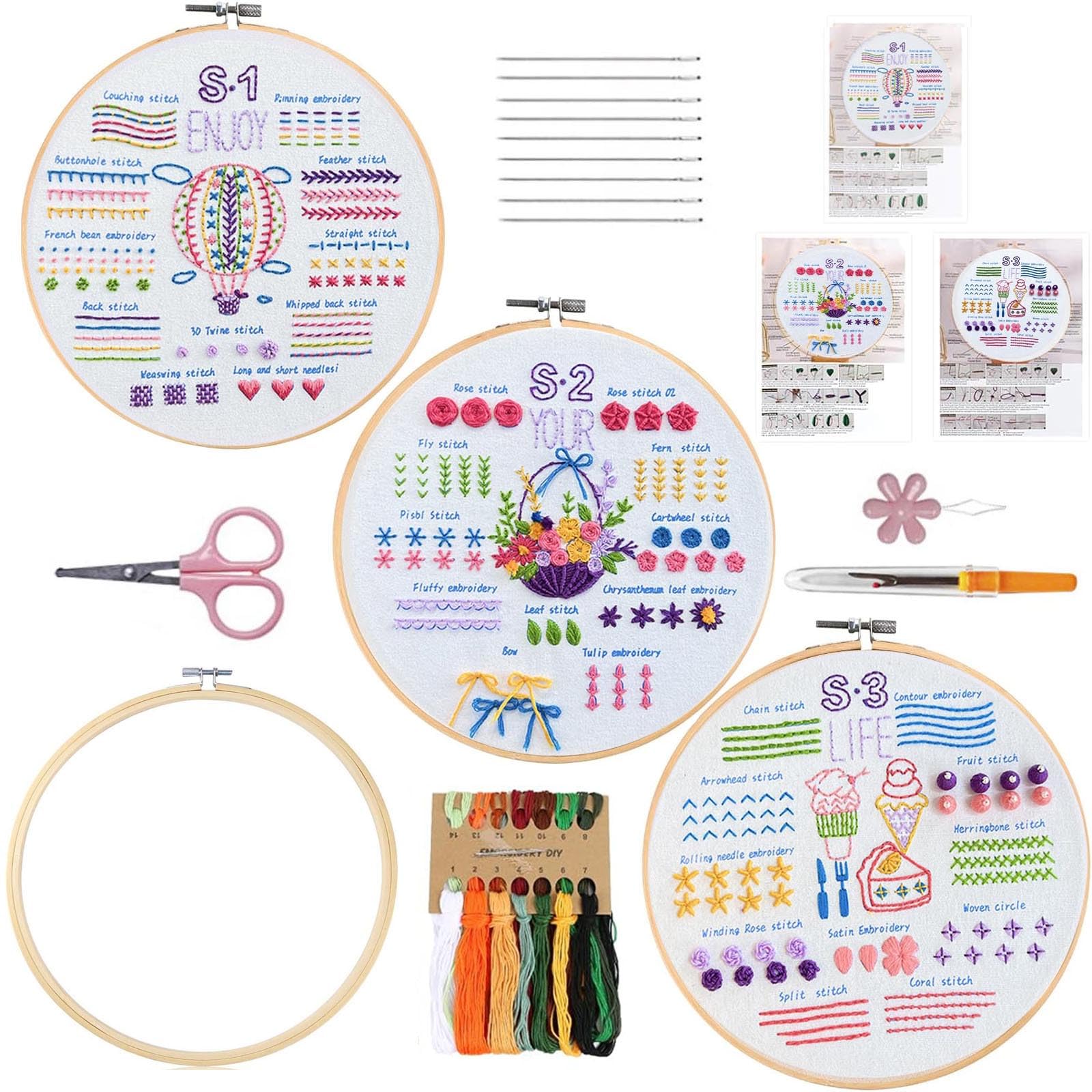 Beginners Embroidery kit,3 Sets Embroidery Kit for Adults, Learn 33 Different Stitches for Craft Lover Includes Stamped Flower Pattern, Bamboo Hoop, Color Threads, Tools, Scissors, Instructions — image 1