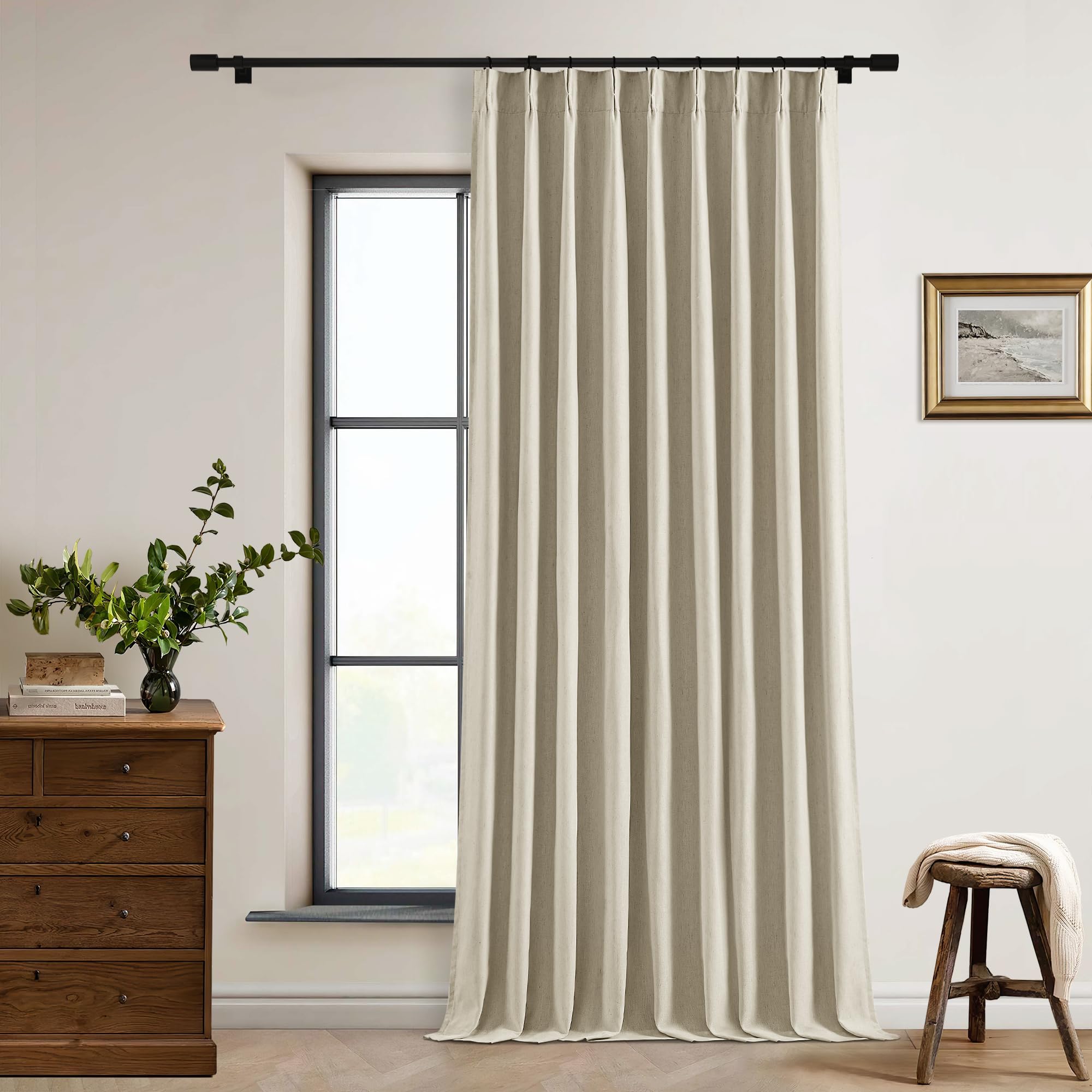 Photo 1 of Pinch Pleat Flax Linen Blackout Curtains 120 Inch Length Extra Wide 60 Inch Width for Living Room Sliding Glass Door Pleated Back Tab Thick Burlap Memory Trained Window Drapes Taupe 60x120 1 Panel
