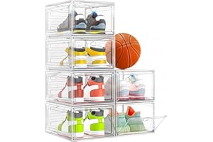 7 CODE Thickened Clear Shoe Storage Organizer with Magnetic Door, Sturdy Stackable Shoe Boxes for Closet, Collapsible Space-Saving Shoe Rack for Sneakers & Boots, Plastic Shoe Cabinet Box Set, 6 Pack, White