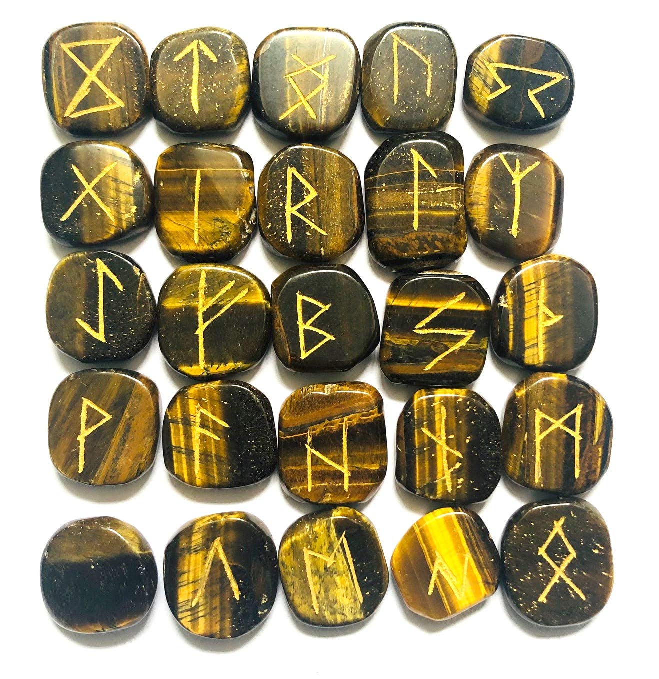 crystalmiracle Lot of 25 Tigers Eye Carved Tumbled Stones Rune Set Crystal Healing Reiki feng Shui Gift Wellness