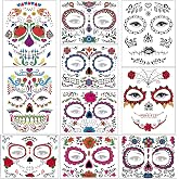 Halloween Temporary Face Tattoos Makeup Kit, Day of the Dead Sugar Skull Floral Black Skeleton Web Red Roses Full Face Mask Stickers Tattoo Families Party Supplies