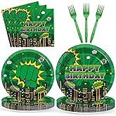 96Pcs Green Hero Paper Plates and Napkins Super Theme Birthday Party Supplies Green Hero Disposable Dinnerware Tableware Set for Kid Cartoon City Cityscape Baby Shower Table Party Decoration Serve 24