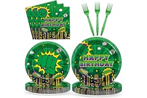 PARTY GREETING 96Pcs Green Hero Paper Plates and Napkins Super Theme Birthday Party Supplies Green Hero Disposable Dinnerware Tableware Set for Kid Cartoon City Cityscape Baby Shower Table Party Decoration Serve 24