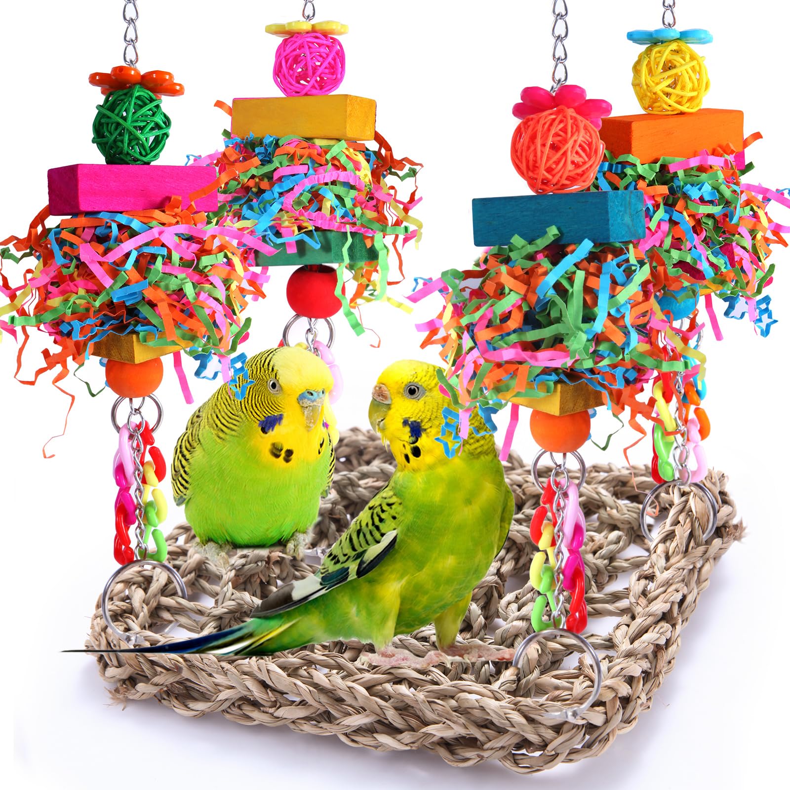 BBjinronjy Bird Toys Parakeet Conure Foraging Wall Toy,Seagrass Woven Hammock Swing Mat for Climb Perch with Colorful Wooden Chewing Lovebirds,Parakeets,Conure,Cockatiel (Middle)