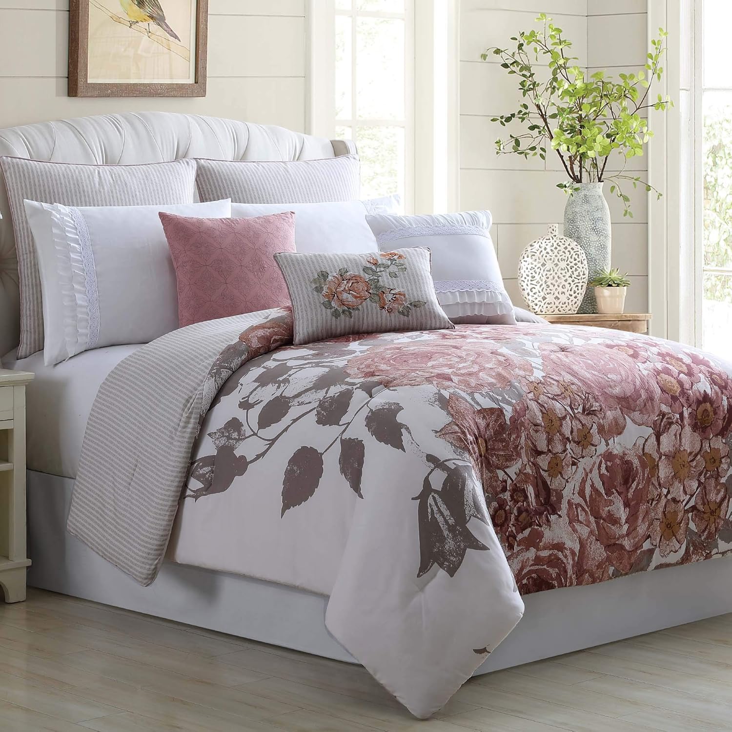 Amrapur Overseas Rose Farmhouse 8-Piece Embellished Comforter Set, Queen, Off- White