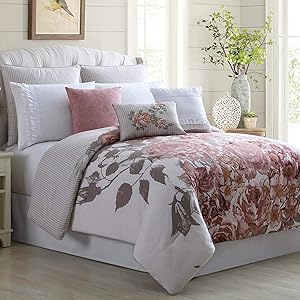 Amrapur Overseas Rose Farmhouse 8-Piece Embellished Comforter Set, Queen, Off- White