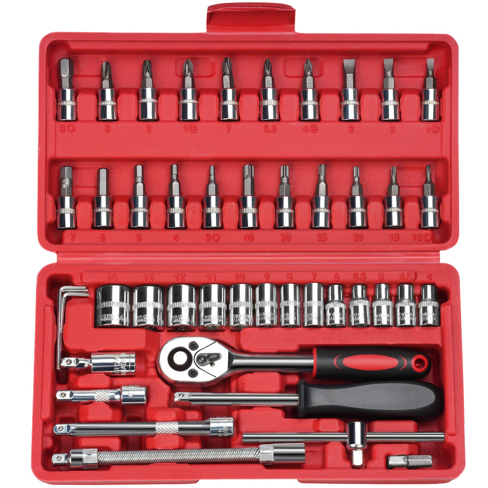profiwoab 46 PCS 1/4 Inch Ratchet Socket Wrench Set,Mechanic Tool Kit with Extension Bar,Cr-V Bit Sockets,with 4-14mm Drive Ratchet with Storage Case for Home,Car Repair,DIY