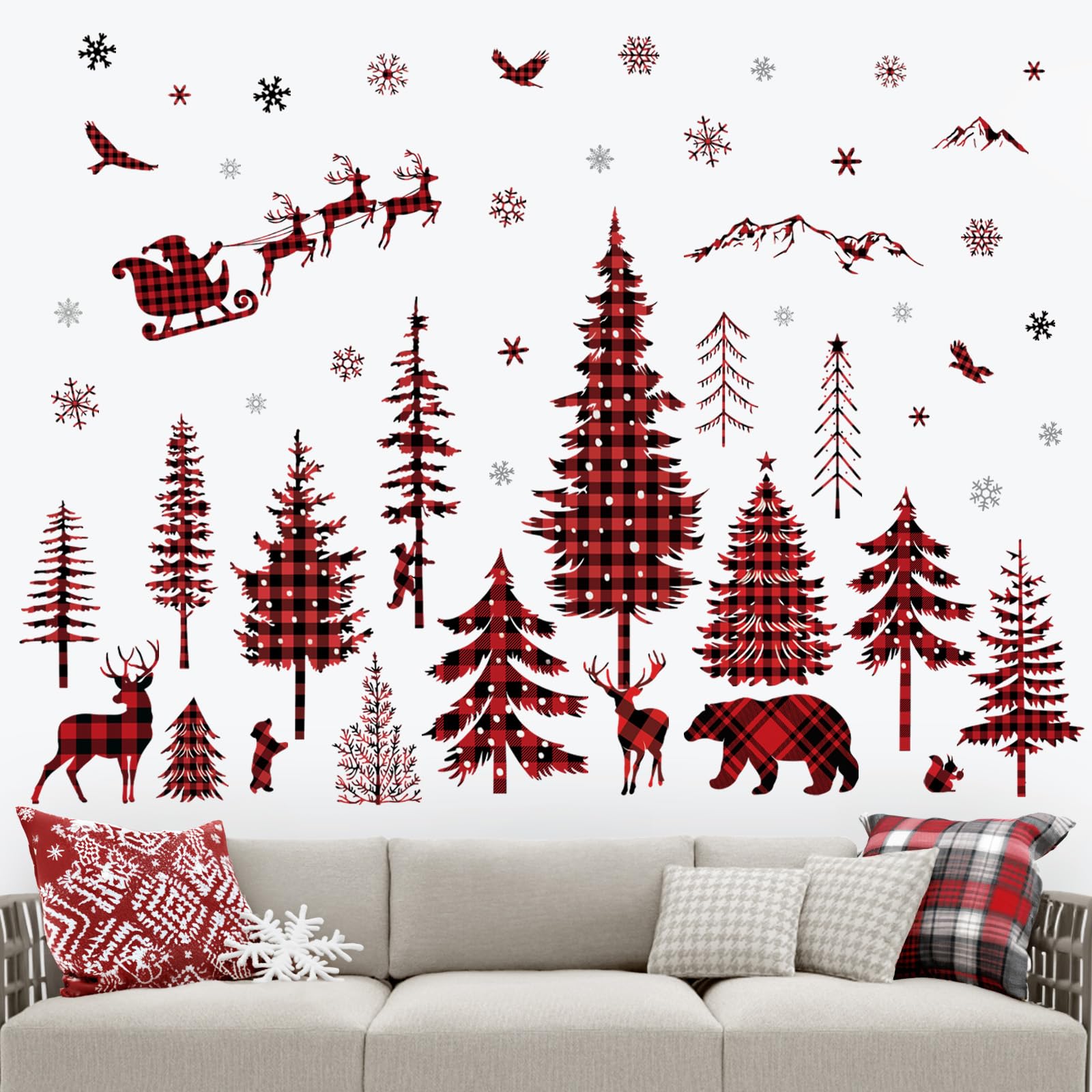 wondever Red Black Plaid Christmas Tree Wall Stickers Pine Tree Forest Animals Santa Claus and Reindeer Christmas Window Wall Art Decals for Christmas Party Window Xmas Home Party