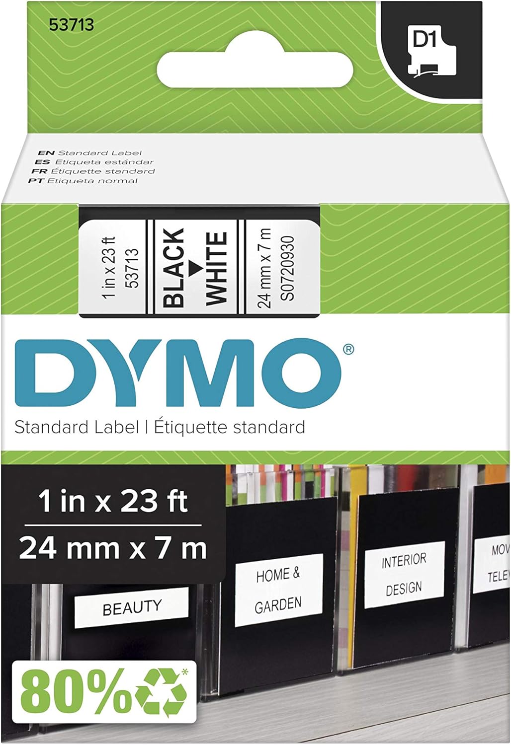 DYMO Standard D1 53713 Labeling Tape (Black Print on White Tape, 1'' W x 23' L, 1 Cartridge): Office Products