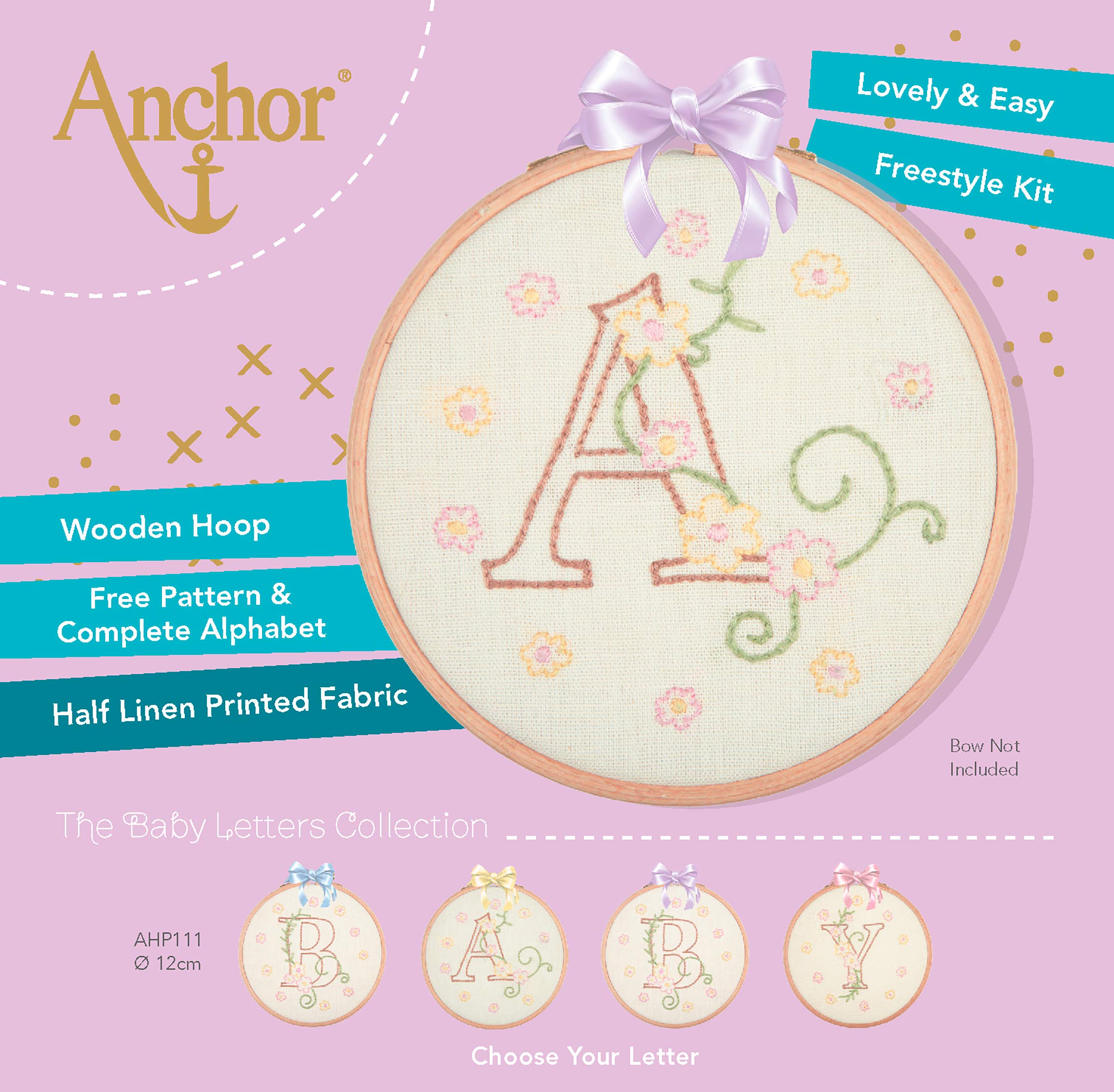 Anchor Embroidery Hoop Kit: Baby Letters, Multi, 12 x 12cm