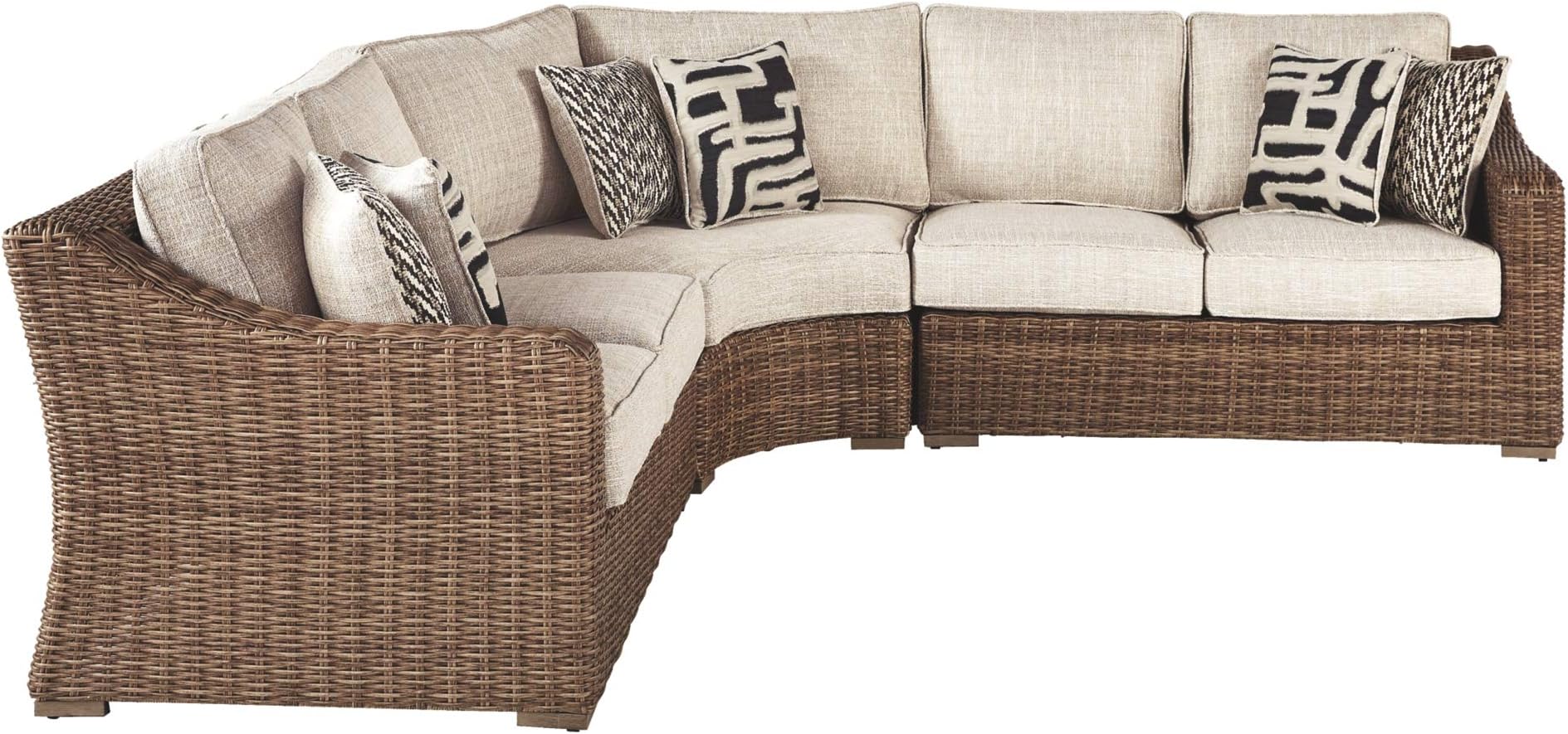 Ashley Furniture Signature Design - Beachcroft Outdoor Loveseat Set - Left & Right Arm Facing Loveseats with Cushions - Beige with Beachcroft Outdoor Curved Chair with Cushion - Beige