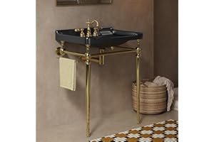 Yayzy 28” Bathroom Vanity with Black Ceramic Sink, Wall-Mounted Console Style, Gold-Finish Stainless Steel Legs & Towel Bar, 3 Faucet Holes, No Faucet