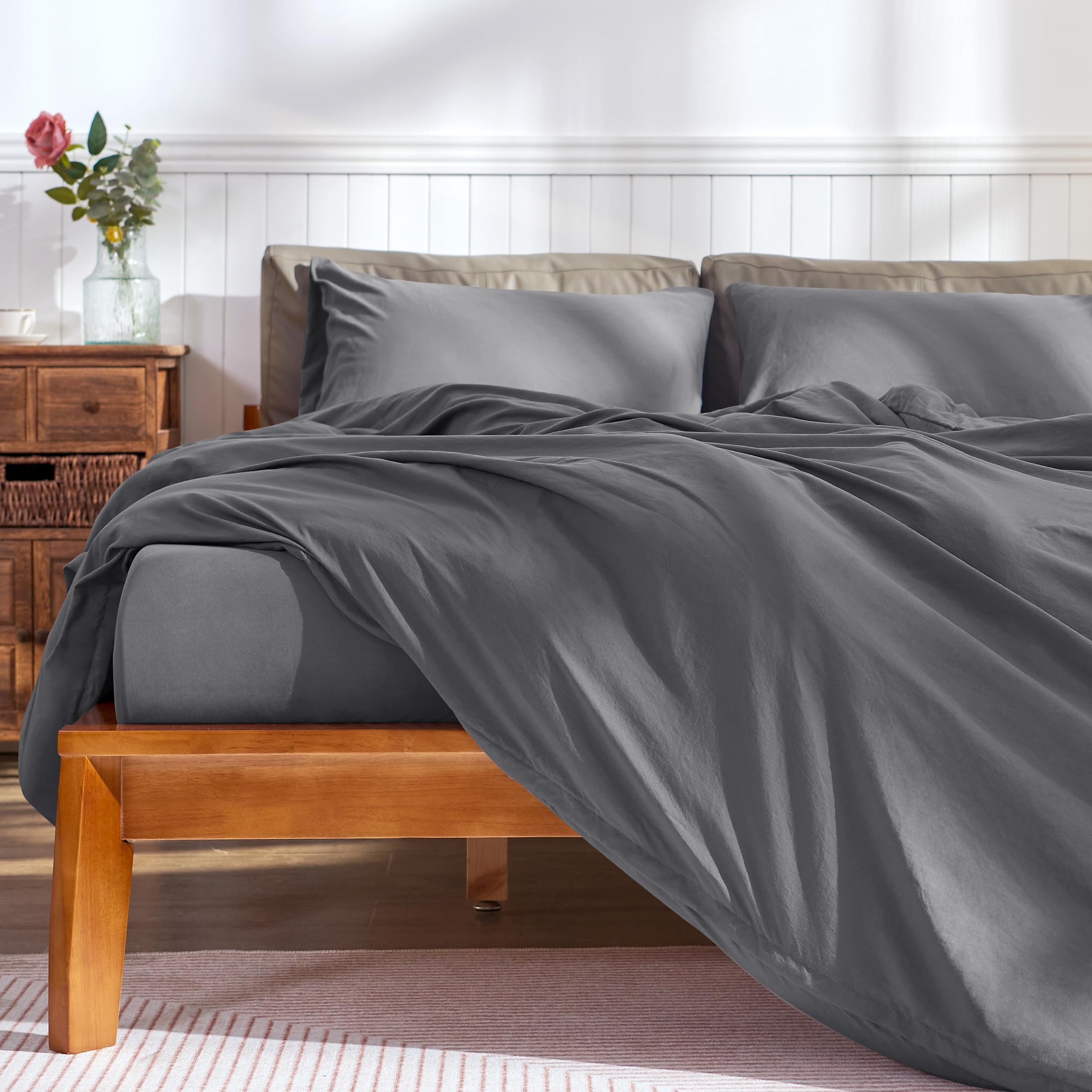 CHUN YI Double Duvet Cover Sets, Washed Microfiber Plain Bedding Duvet Covers Set with Zipper Closure & 8 Corner Ties,Breathable & Ultra Soft Double Duvet Cover for Summer(Grey, Double)