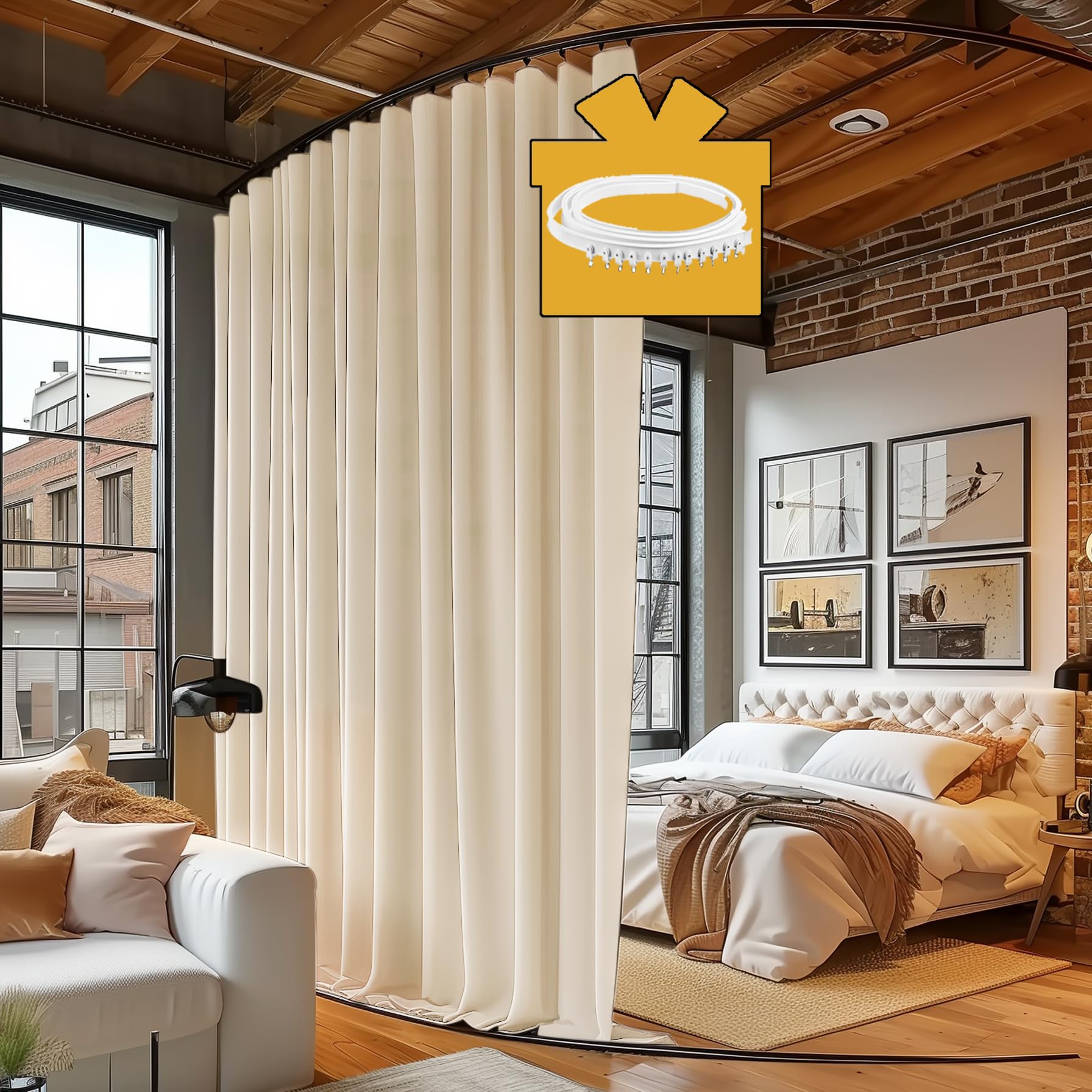 Photo 1 of RoomDarkning Room Divider Curtains with Ceiling Track, 95% Blackout Heavy Curtains Noise Reduction Privacy Curtain System Kits, 10 ft Wide x 9 ft Tall, Cream Beige, 1 Panel