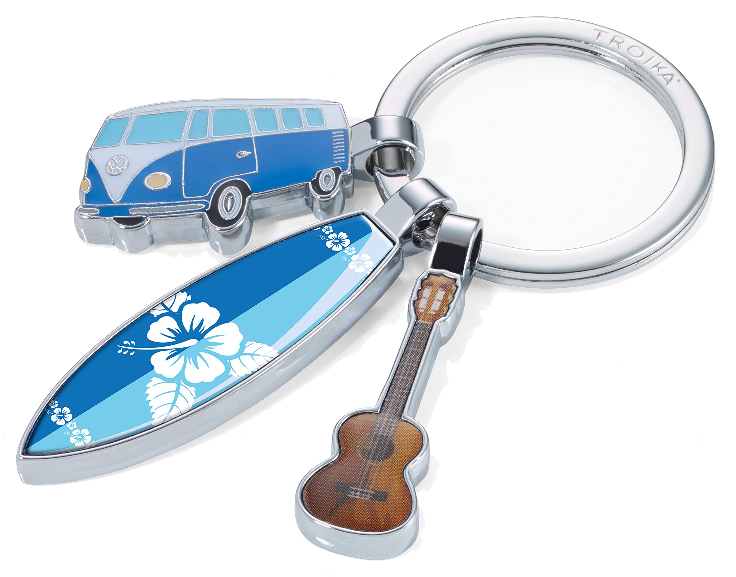 TROIKA SURFMATE T1 – KR16-14/CH – Nostalgia Keyring – with 3 Pendants – Bulli, Surfboard, Guitar – Shiny – Multi-Coloured, multicoloured, 10cm, Classic