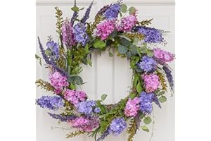 Hometrance Spring Wreath for Front Door with Lavender and Lilac Flower, Natural Twig Base, 20-22 Inch Outdoor Summer Wreath, Farmhouse Indoor Decor, Flower Wreath for Wedding Home Wall Window Porch