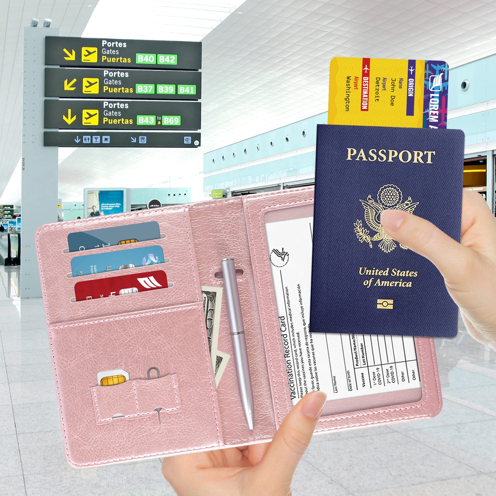 DMLuna Passport Holder, Premium PU Leather Travel Passport Wallet RFID Blocking Passport Cover Case Travel Documents Organizer with Pen Holder, for Women and Men