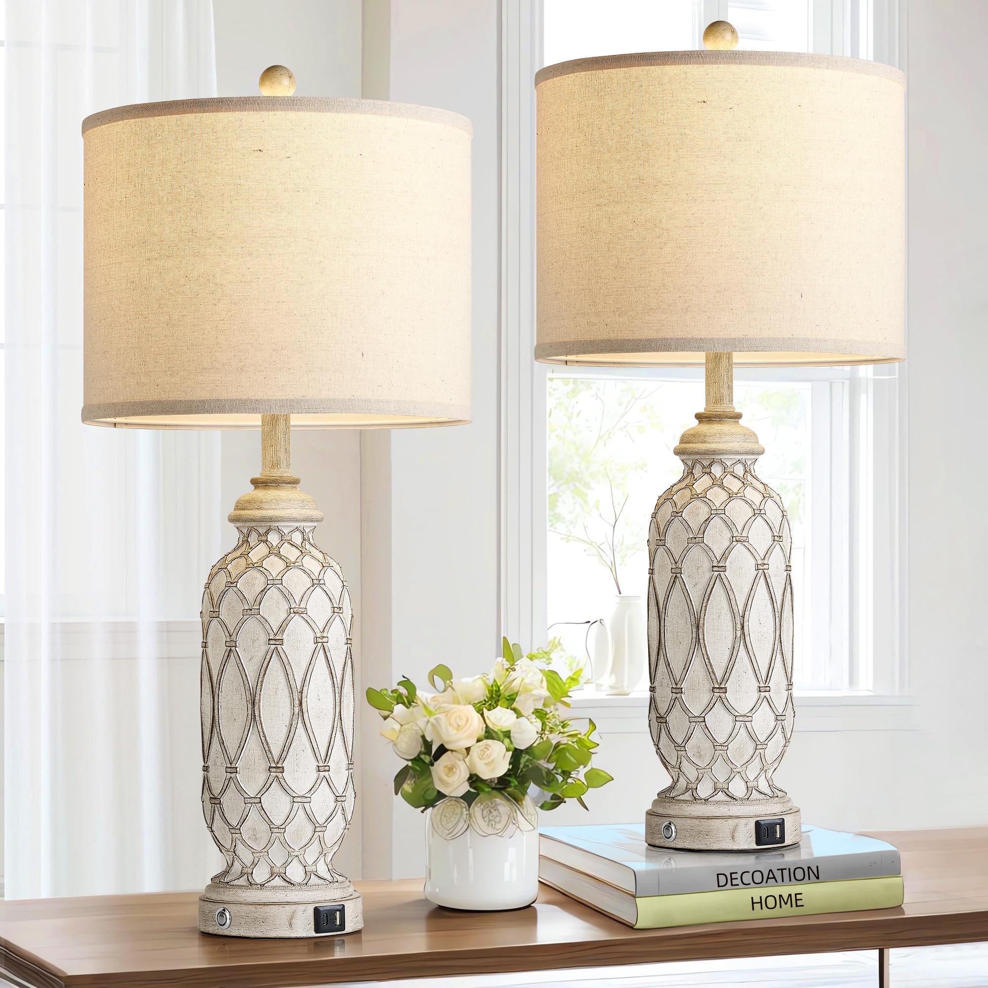 Photo 1 of SRJJRS Farmhouse Table Lamps for Bedroom Set of 2, 28" Rustic Bedside Lamp with USB Ports, 3-Way Dimmable Nightstand Table Lamp for Living Room with Linen Drum Shade (Bulbs Included)