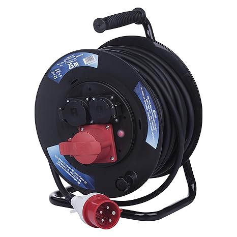 EMOS Baustellen-/ Industrie-/ Camping Kabeltrommel, 25 m Kabel mit 3 Steckdosen (1x CEE, 2X Schutzkontakt), IP 44 für Außenbe