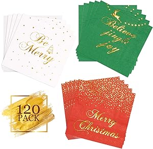 Whaline 120 Pack Christmas Disposable Paper Napkins, 3-ply Gold Foil Design Beverage Cocktail Napkins for Holidays Dinner Party Supplies, Folded 5 x 5 Inches
