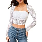 Girece Square Neck Tops for Women 2 Piece Long Sleeve Lace Mesh Sheer Shirts White Tube Tops Strapless Low Cut Floral Crop Top Going Out Clubwear (White, Medium)