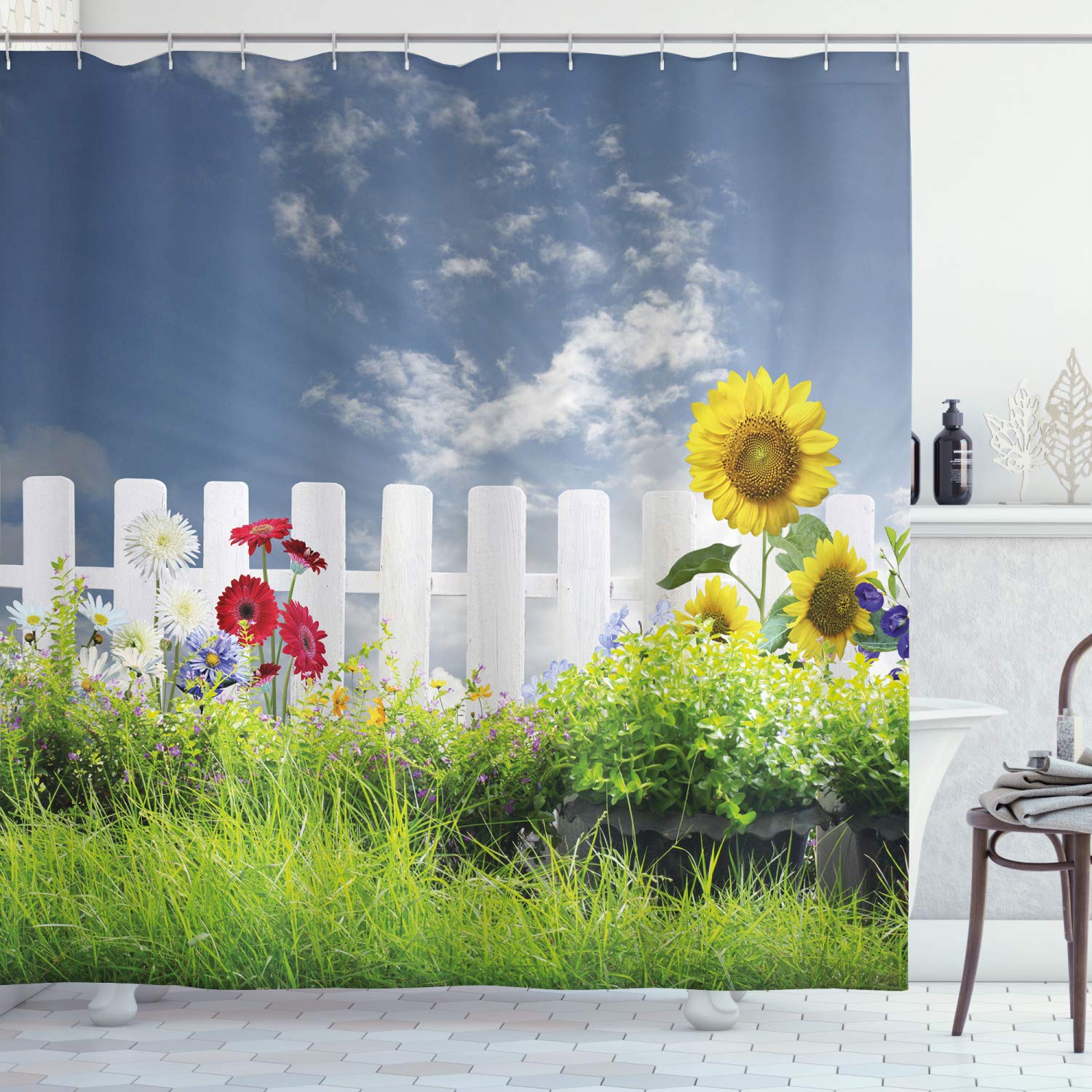 ABAKUHAUS Rustic Shower Curtain, Grass Foliage Field Sunflowers Daisy Hedge Fence Yard Jardin Nature Art, Cloth Fabric Bathroom Decor Set with Hooks, 94 Inches, White Green Blue