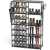 CSXGBAB Tall Garage Shoe Rack Large Capacity,Two Rows Versatile Hooks Storage Boot Shelf Black 24-35 Pairs